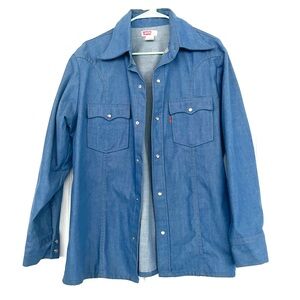 Vintage 60s 70s Levi’s Orange Tab Western Pearl Snap Denim Shirt Size Large Blue